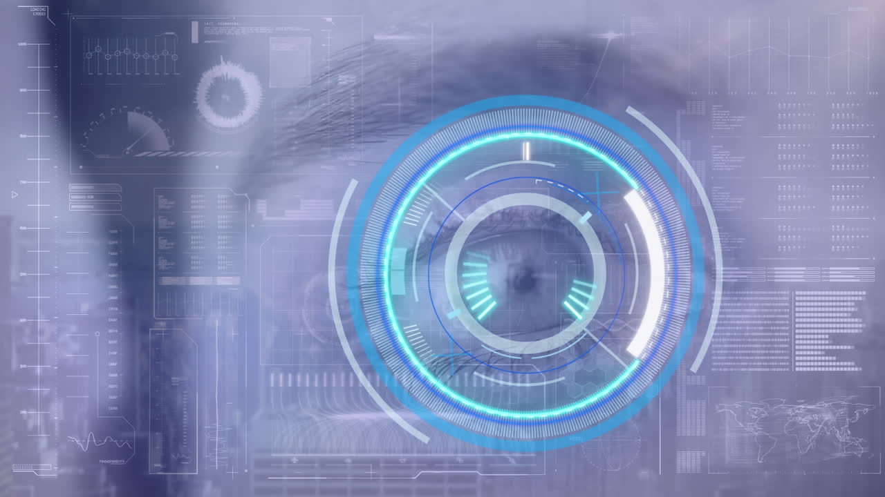 데이터 처리와 디지털 인터페이스에 대한 남성 눈의 근접 스캐닝 범위