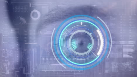 escaneo de alcance en primer plano del ojo masculino contra la interfaz digital con procesamiento de datos