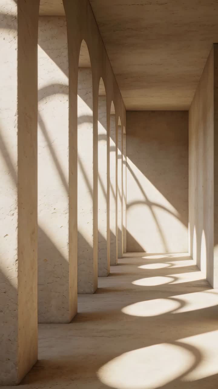 Vídeo vertical: Colunata mostrando ovais de luz movendo-se pelo chão com o sol se deslocando para o design.