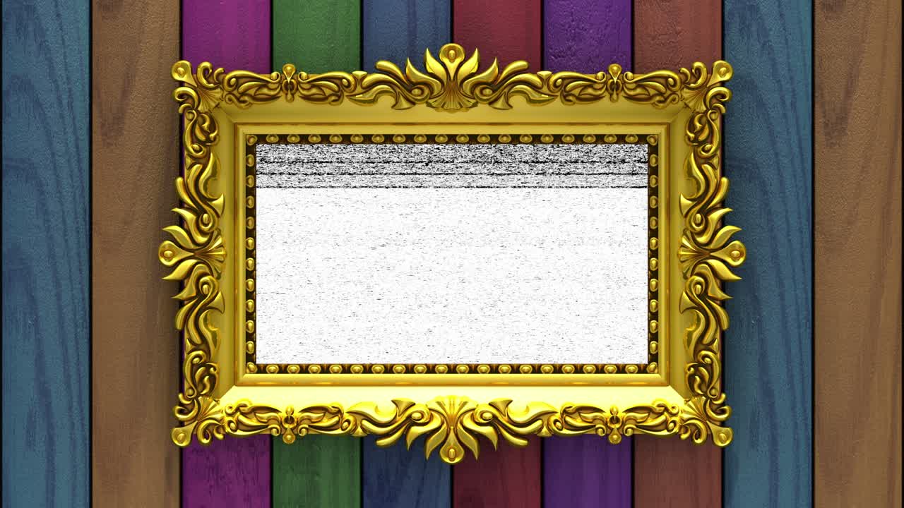 madera de varios colores en el fondo. ruido de la televisión y tecla de croma verde juega en la pantalla en el marco de la imagen de oro adornado. intro animado en 3d.