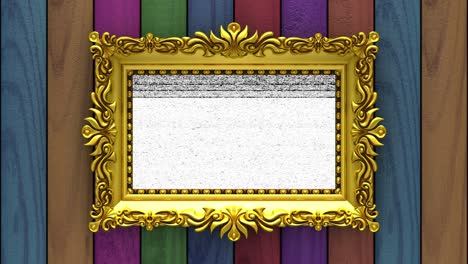 madera de varios colores en el fondo. ruido de la televisión y tecla de croma verde juega en la pantalla en el marco de la imagen de oro adornado. intro animado en 3d.