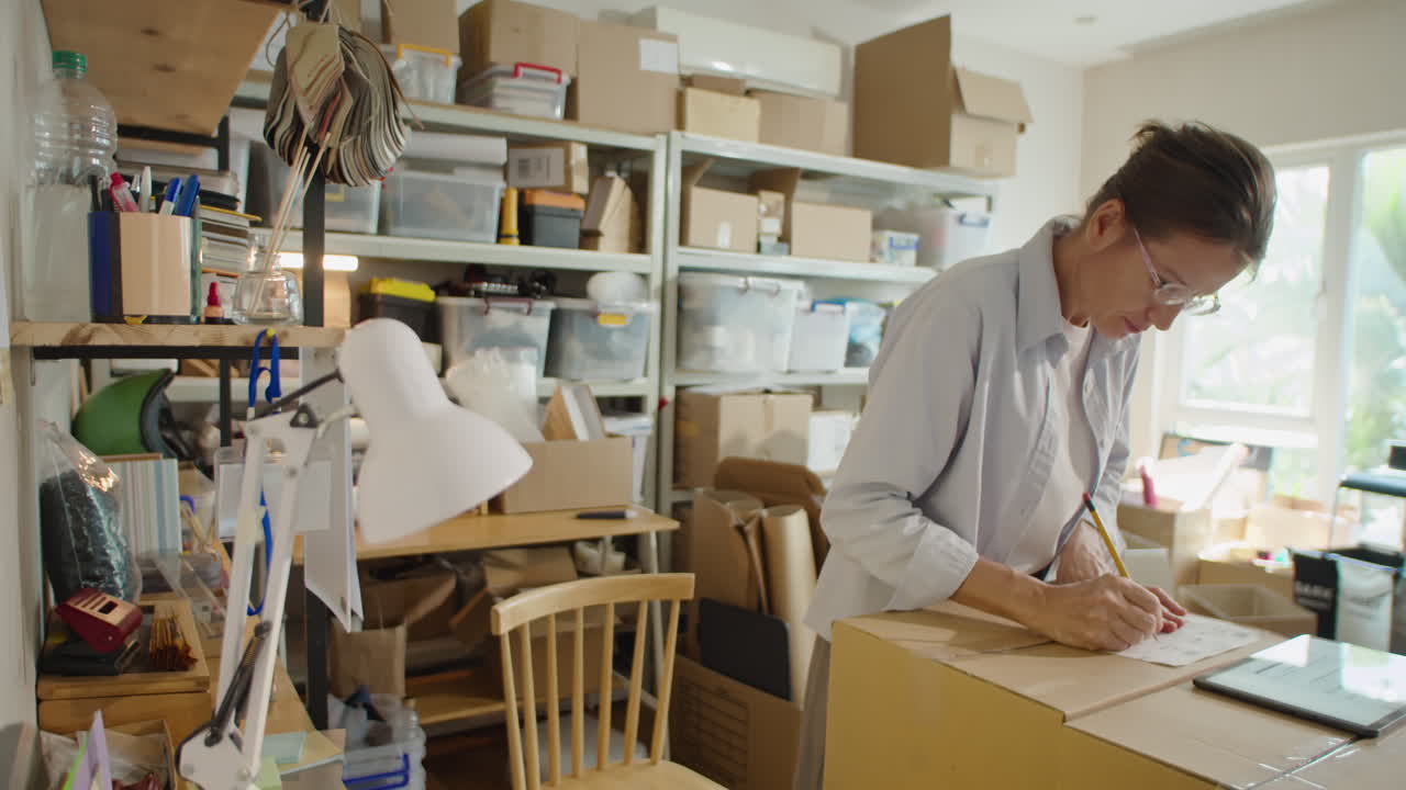 Woman Writing Address on Parcels in Delivery Service Office