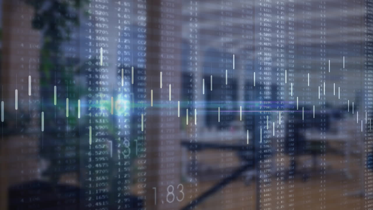 Animation of financial data processing over office interiors