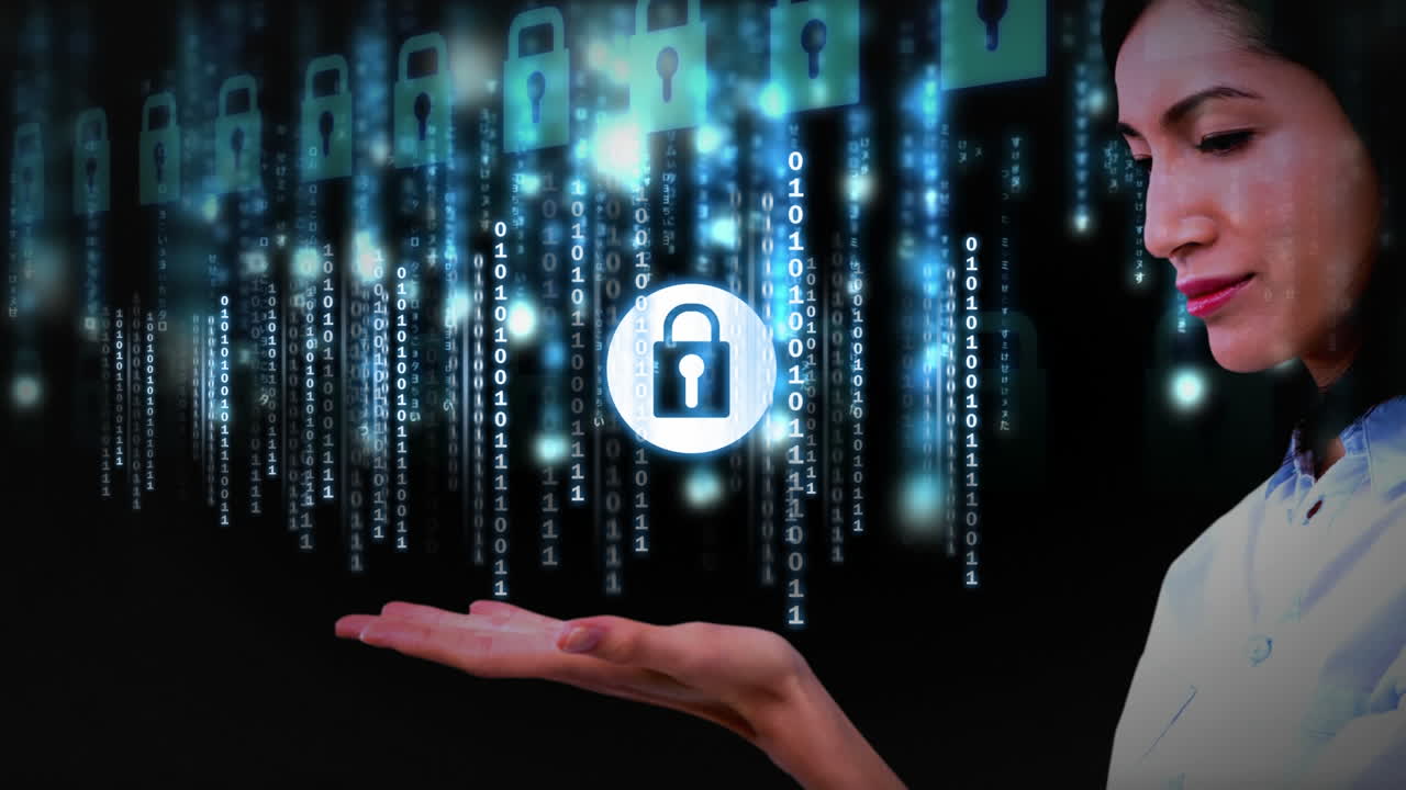 con la mano extendida, mujer con cerraduras digitales y código binario, animación de seguridad de datos