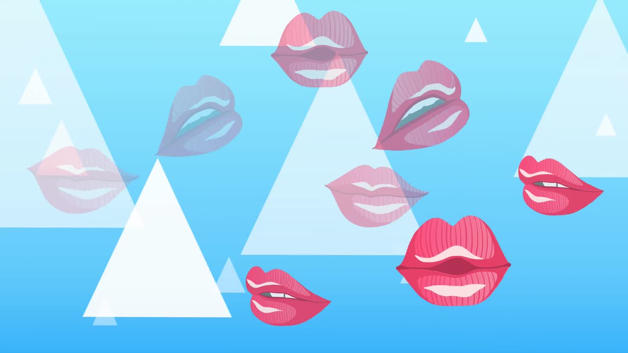 animación de iconos de labios y triángulos blancos sobre fondo azul