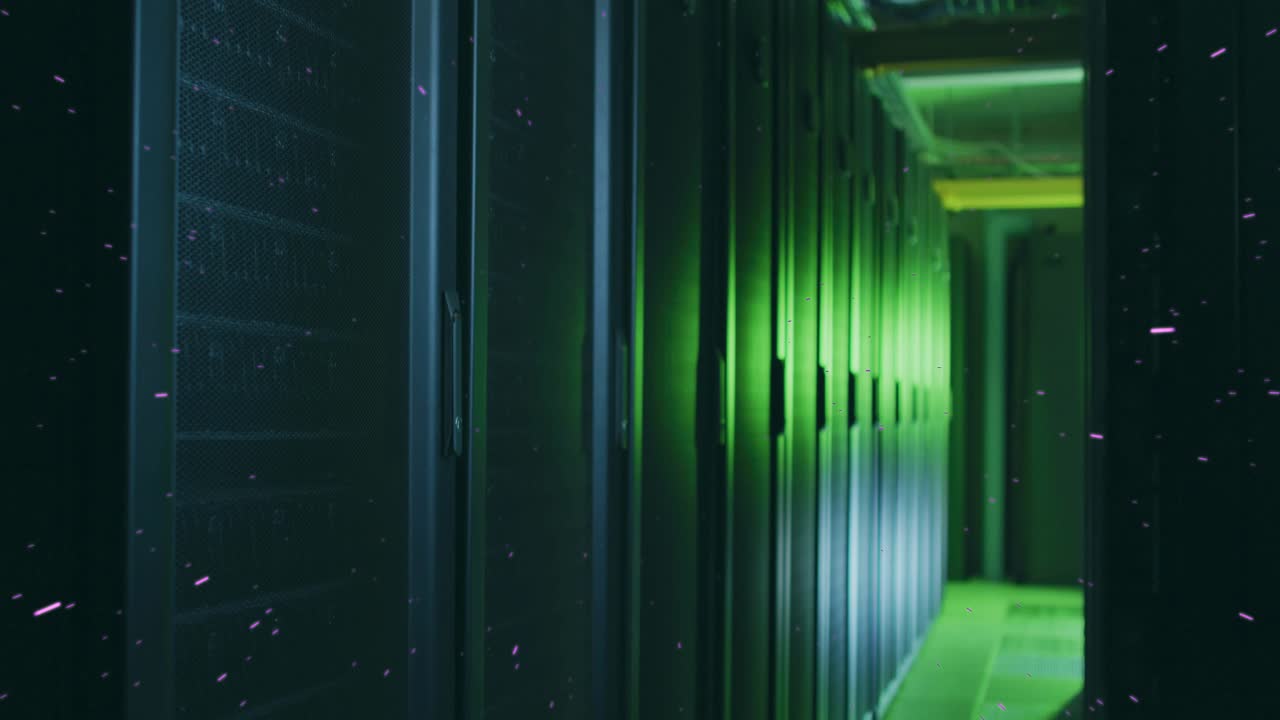 Camera initiating gentle forward tracking along server racks, showcasing LED lights for monitoring