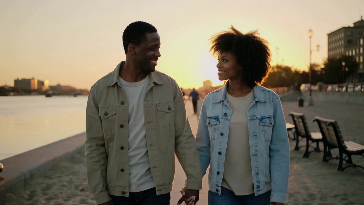 Walking couple in denim and khaki, sharing smiles and eye contact at sunset on riverside, benches