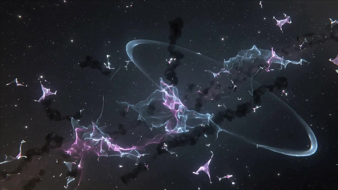 Rete di filamenti che si estende, con sfumature rosa e ciano, attraverso un campo stellare mentre la telecamera si ritrae, formando un arco.
