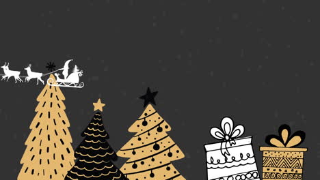 santa claus en trineo siendo tirado por renos contra múltiples árboles de navidad y iconos de regalos