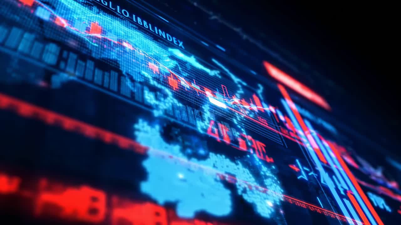 Concept video dinamico di dati finanziari, con vista angolata e grafici rossi e blu luminosi