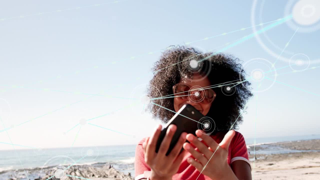 Woman posing and making peace sign, causing tech nodes, lowering phone, tapping, exploring data