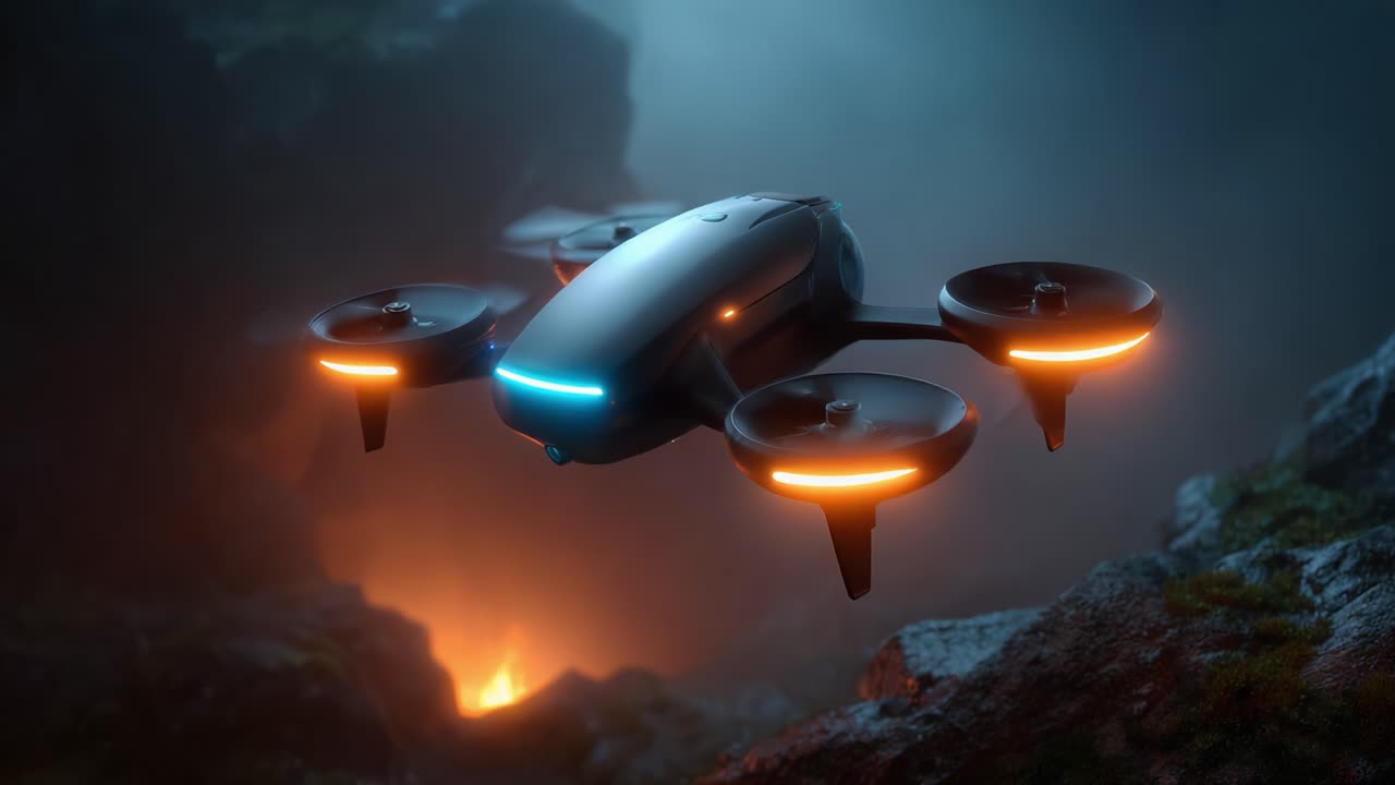 A Sleek Drone Equipped with Bright LED Lights Soars Through a Misty Canyon, Capturing the Beauty of Nature and Innovative Technology in an Enigmatic Atmosphere
