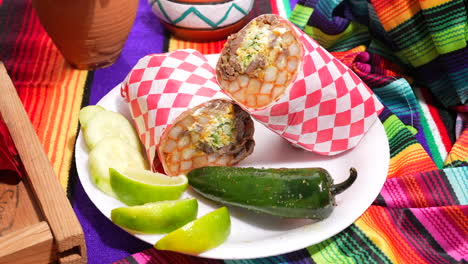 california burrito ready to serve and eat with grilled chili pepper, lime, cucumber - food truck series