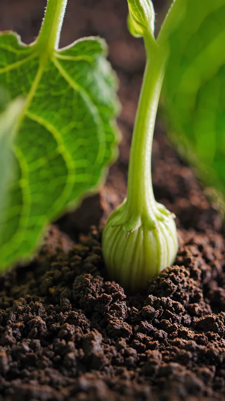 Close-up video shot of a young plant sprouting from soil, capturing the vibrant green stem