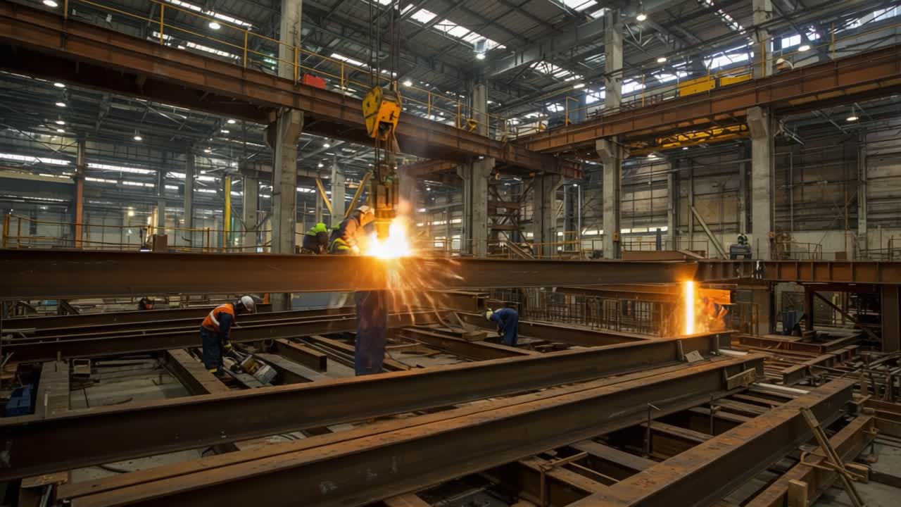 Dynamic Steel Fabrication in Industrial Workshop Featuring Skilled Workers Welding and Utilizing Cranes Amidst a Busy Manufacturing Environment with Sparks Flying