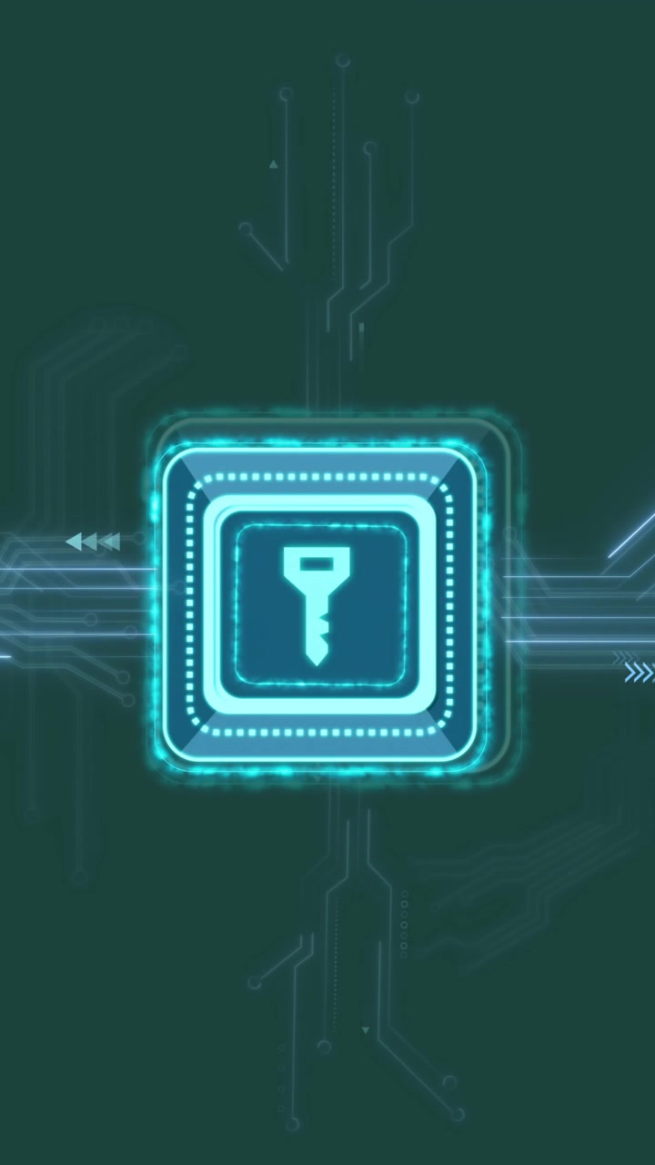 Animazione di icona a forma di chiave con scheda di circuito di computer su sfondo verde