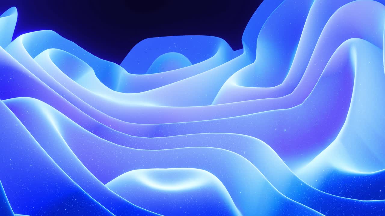 Beautiful abstract 3D surface with glitter sparkles, abstract 3d waves run on surface in loop. Blue gradient, soft matte material with light inner glow. Smoothly 4k animation