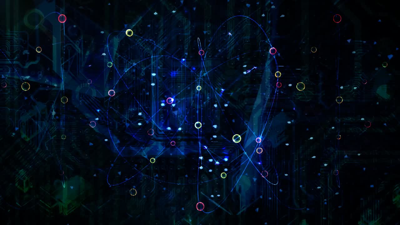 partículas de electrones atómicos y circuitos abstractos - animación de fondo de movimiento de bucle sin costuras de 4k