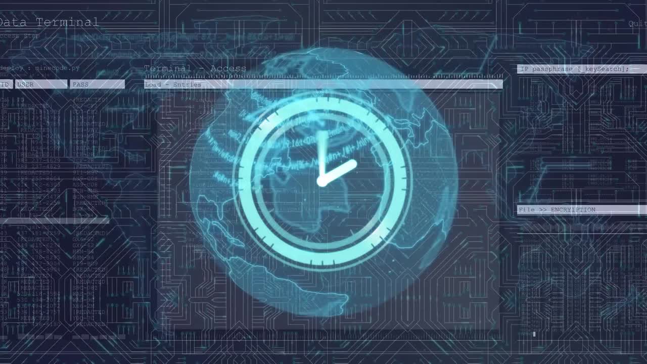 Animation of clock on globe over data processing