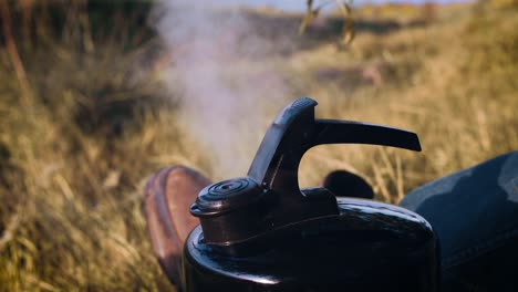 tetera hirviendo en la naturaleza - 4k