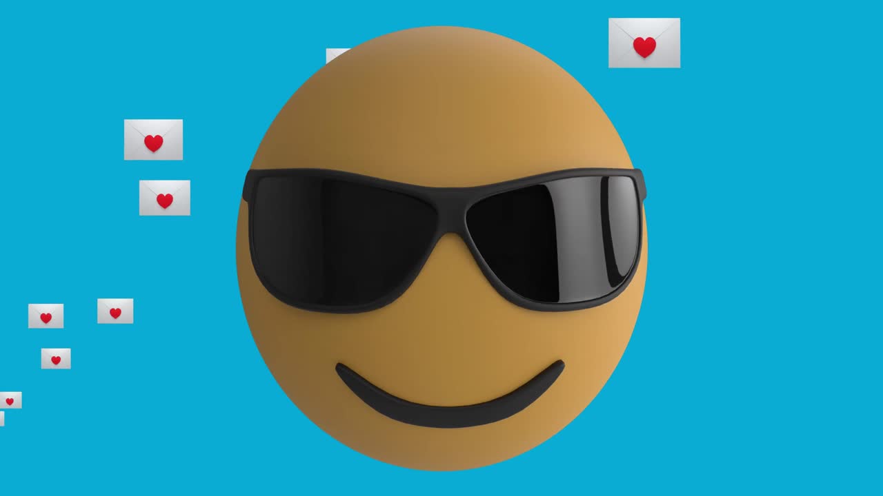 Animation of emoji icon with sunglasses with heart email icons on blue background