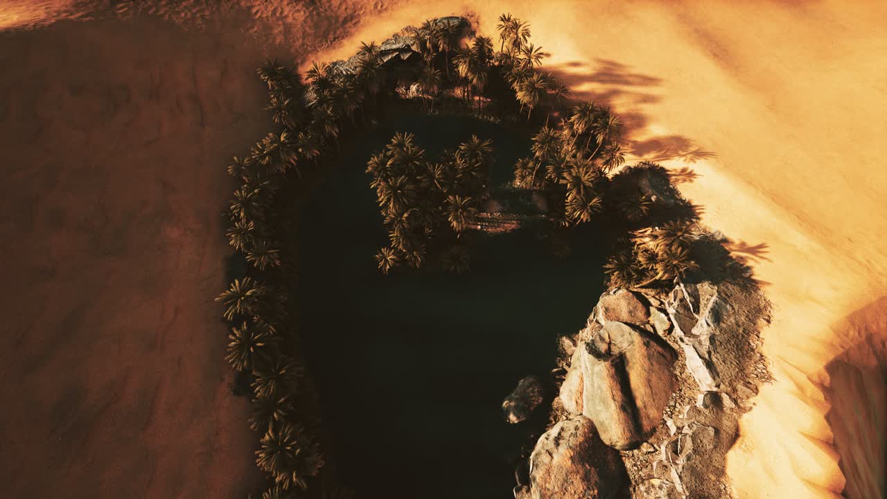 top down aerial view of oasis in desert