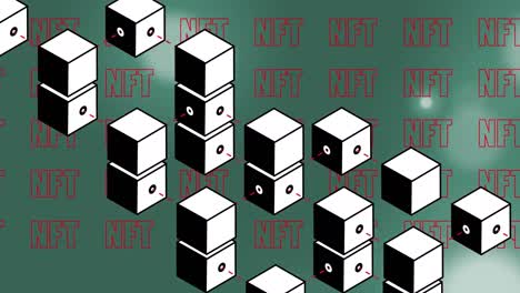 animación de cubos sobre texto ntf en fondo verde