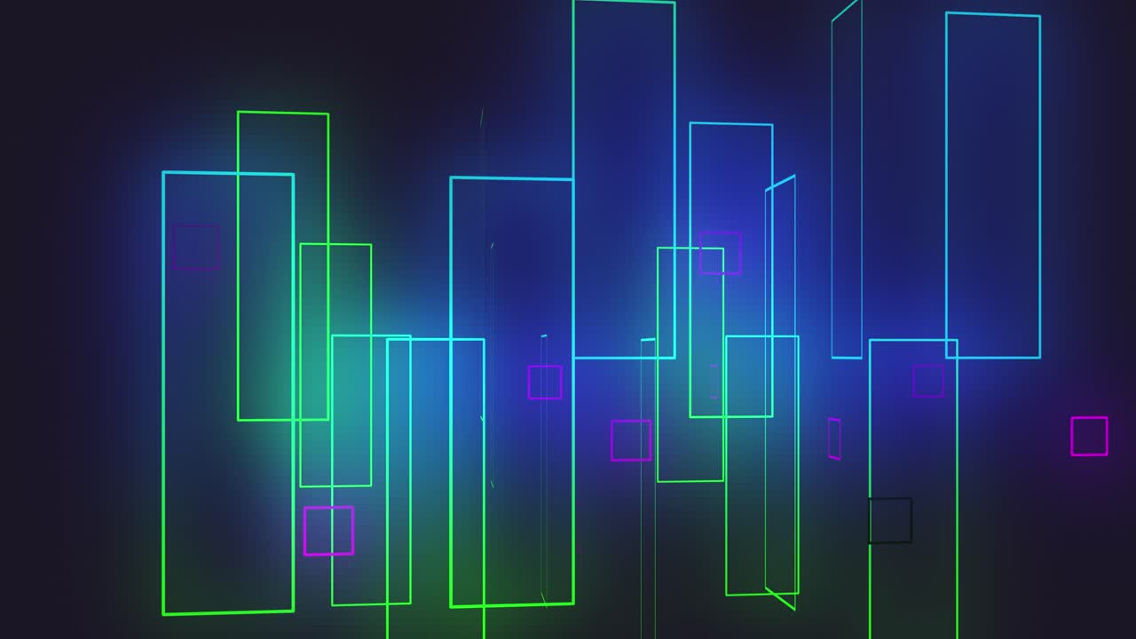 Glowing Neon Rectangles and Squares Moving in Digital Space
