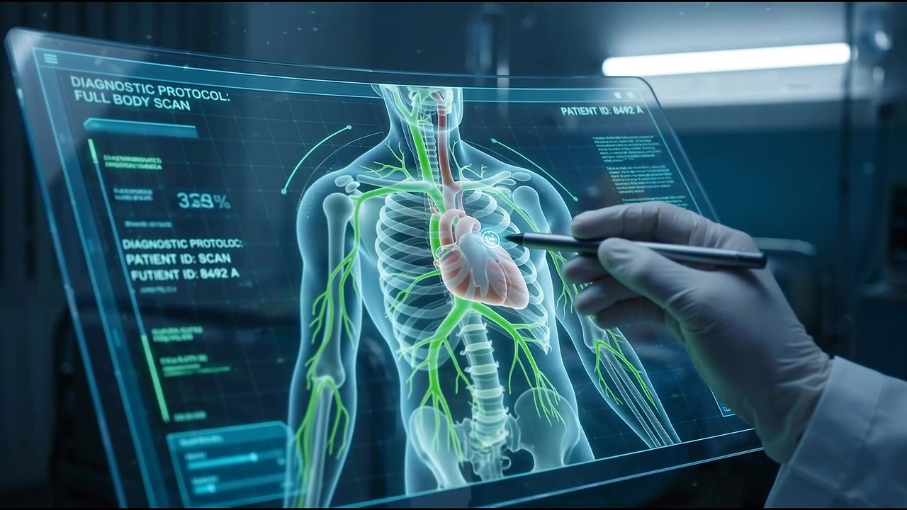 Doctor Analyzing Human Anatomy on Futuristic Digital Medical Display