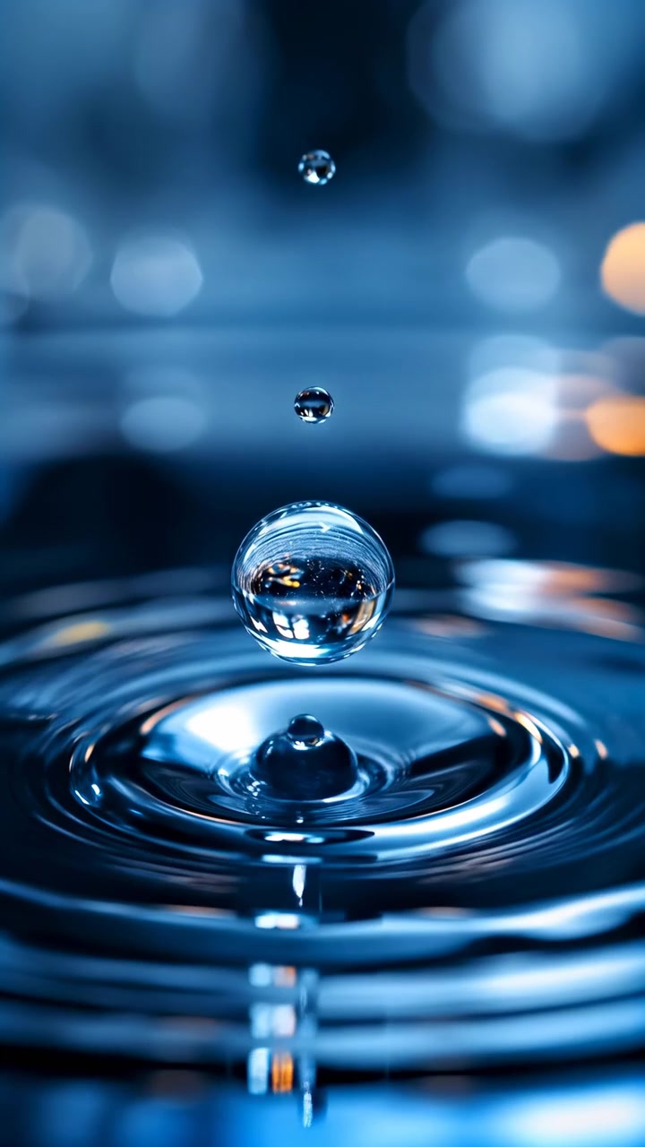 Handlungszentrierte zeitliche Zusammenfassung einer Wassertropfen-Nahaufnahme: Frühe Bilder zeigen einzelne Tropfen, die auf eine gekräuselte Flüssigkeitsoberfläche herabfallen, mittlere Bilder...