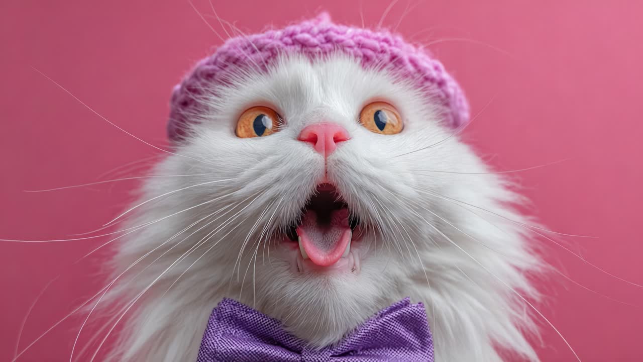 An Adorable White Cat with Orange Eyes and a Playful Expression, Dressed in a Pink Knit Hat and Purple Bow Tie Against a Soft Pink Background