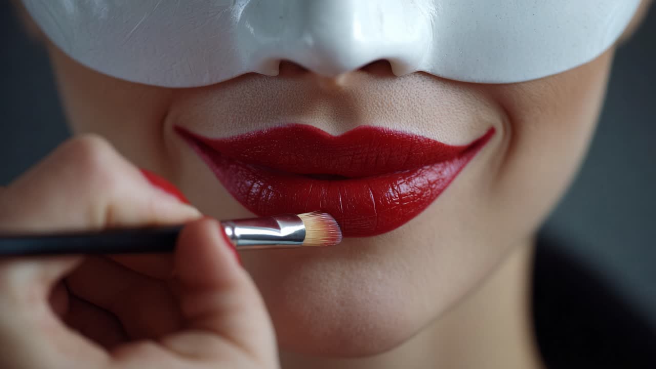 Intricate Makeup Application: Close-Up of Lips with Rich Red Color and Aesthetic Mask Overlay for a Dramatic Impact in Beauty and Performance Art