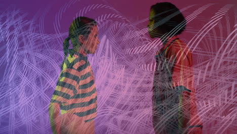 Facing each other, two people with abstract light animation in background