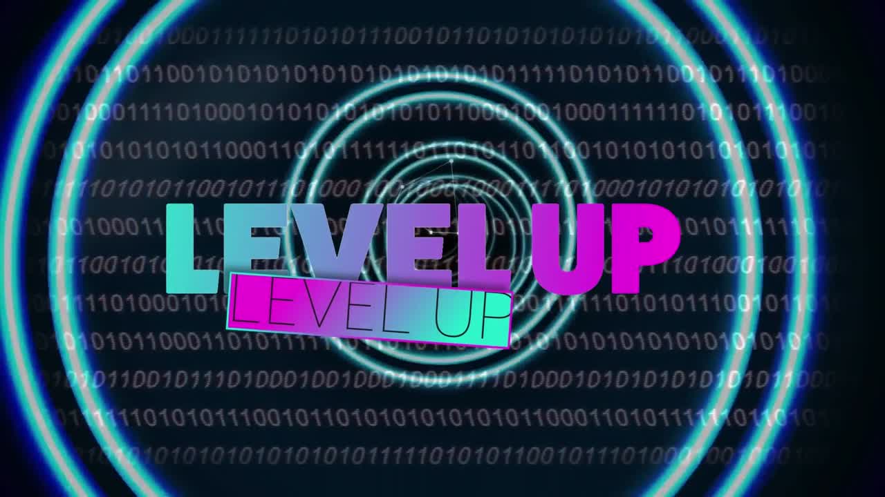 Animation of level up text over neon pattern and binary coding background
