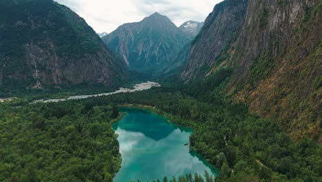 aerial shot above buclet lake in oisans valley near le bourg d'oisans in isere departement, auvergne rhone alpes region, france