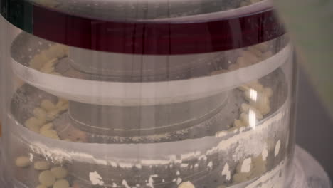 pharma laboratory industrial machine circulates round drug pills, close up