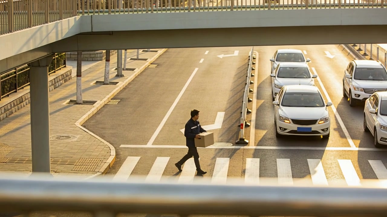 Stepping off curb courier wearing uniform carrying box crossing at zebra crossing for delivery