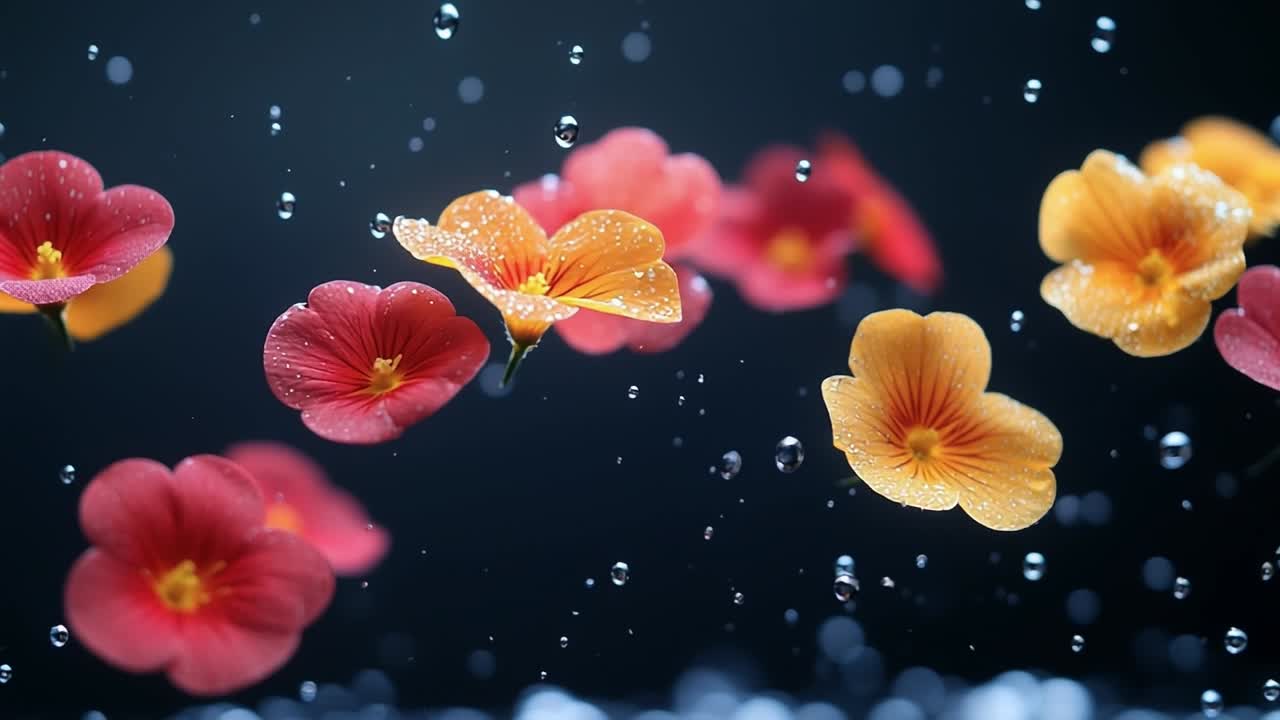 Vibrant blooms in water drops. Bright pink and orange flowers drift elegantly in water, surrounded by sparkling droplets in a serene environment.