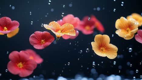 vibrant blooms in water drops. bright pink and orange flowers drift elegantly in water, surrounded by sparkling droplets in a serene environment.