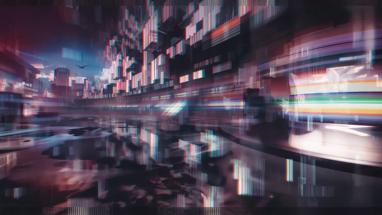 Panning camera showing facade mirroring neon trails at waterfront, creating motion, chevron passing