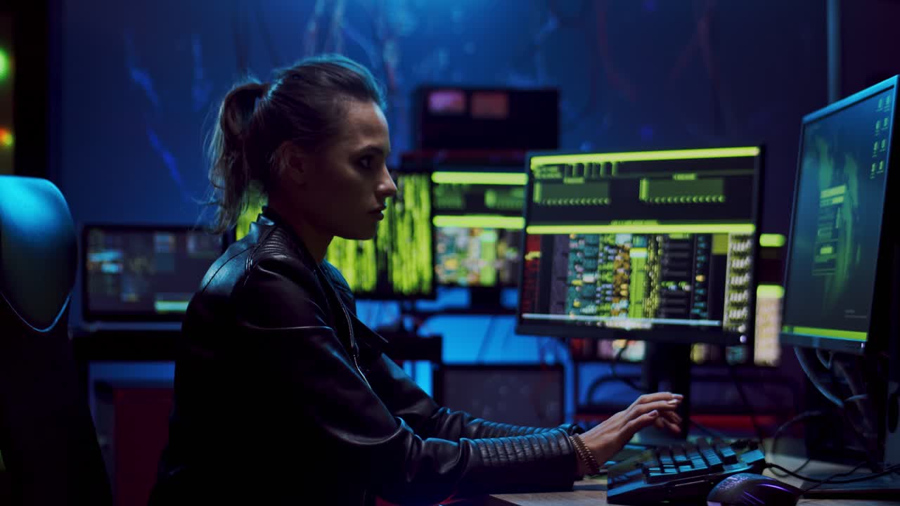 Side View On The Young Female Hacker In A Hood Working And Hacking Data At The Two Computers At One Time While Coding And Tapping