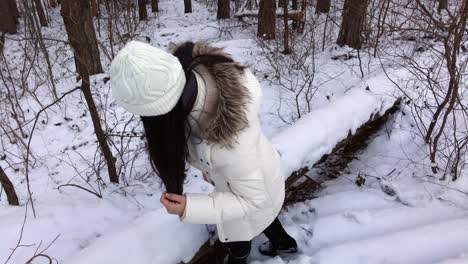 a woman jumping over a fallen tree