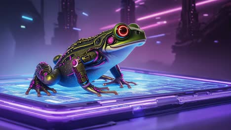 cybernetic frog on a futuristic digital surface