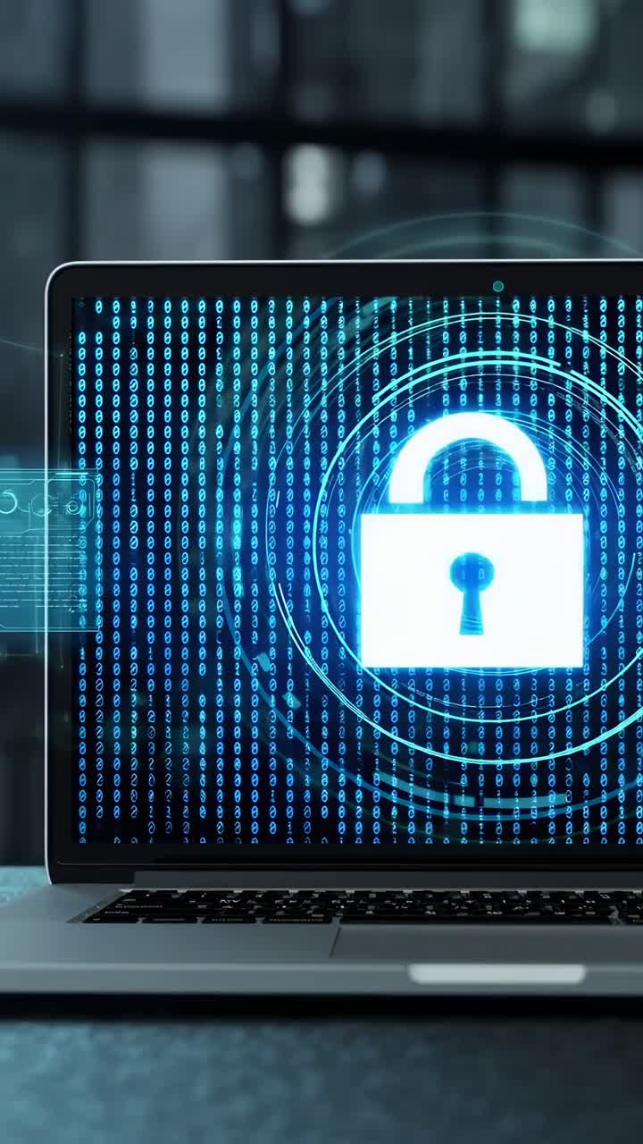 Close-up angle of a laptop screen with digital lock graphics, conveying cybersecurity in a video