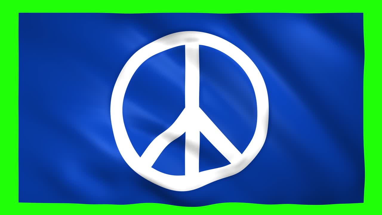 símbolo de paz en la bandera azul se mueve en el viento en la pantalla verde para la llave de croma