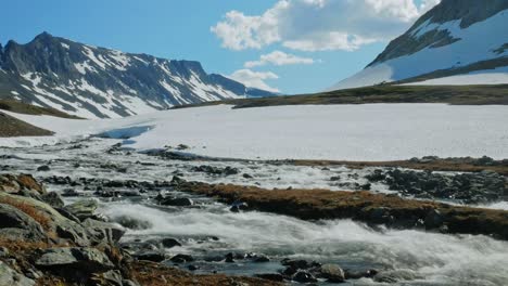 stream flowing with snowy landscape and rocky mountains in background