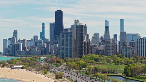 chicago usa downtown towers, aerial view of lake shore drive and lincoln park on sunny spring day