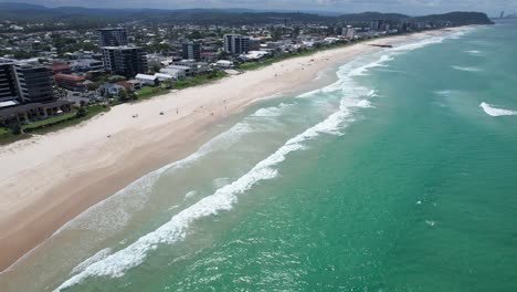 palm beach with burleigh heads and surfers paradise in background - southern gold coast - queensland qld - australia - drone shot