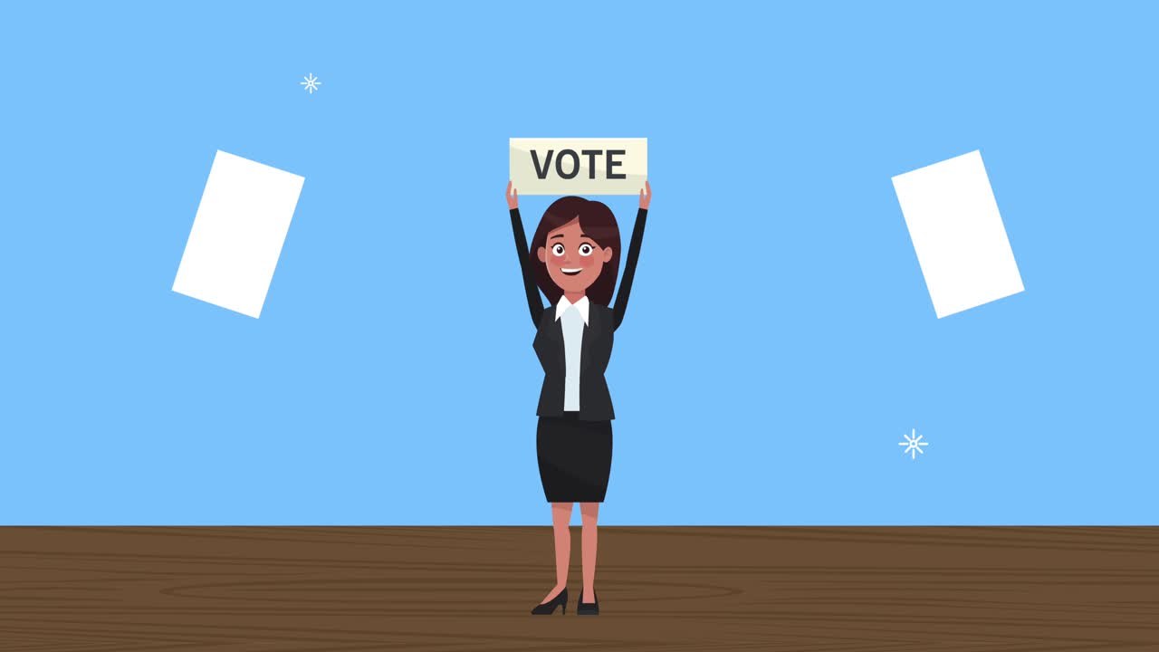 여성 후보자가 배너와 카드를 들어 올리고 있습니다.