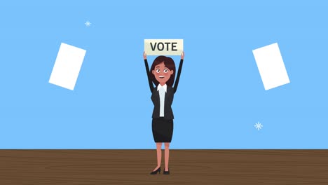 female candidate lifting banner and cards